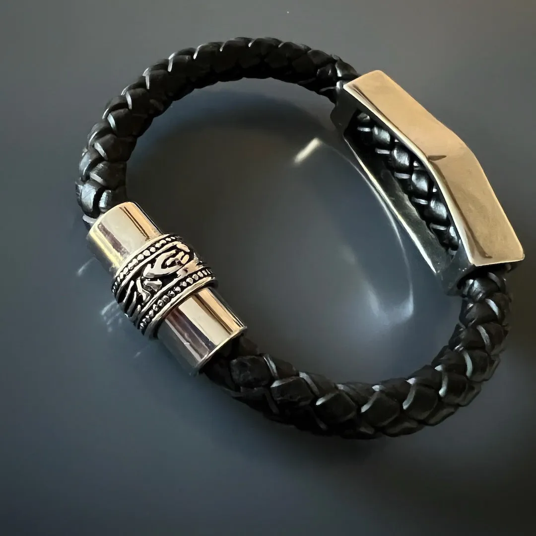 Men's Silver Tribal Black Leather Bracelet