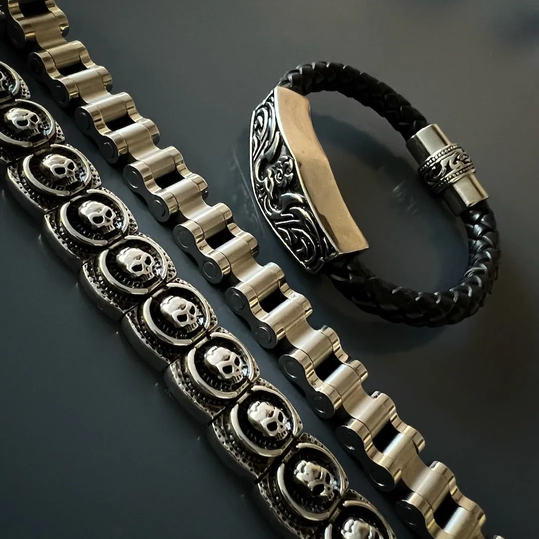 Men's Silver Tribal Black Leather Bracelet