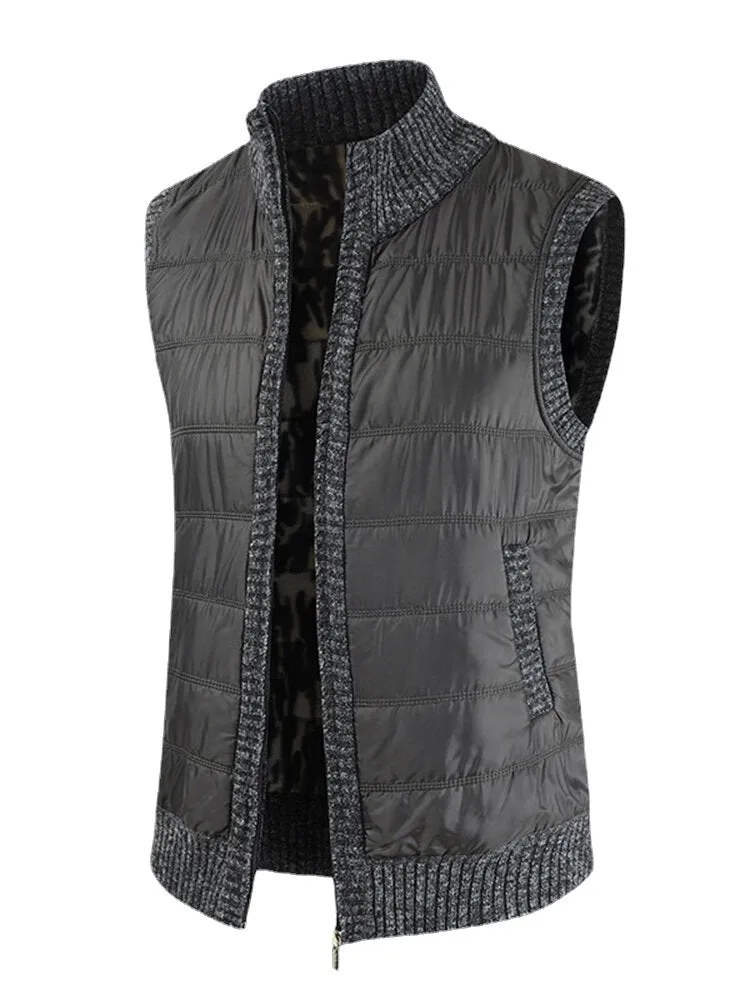 Men's Solid Color Sleeveless Woolen Vests with Warm Lining and Slant Pockets