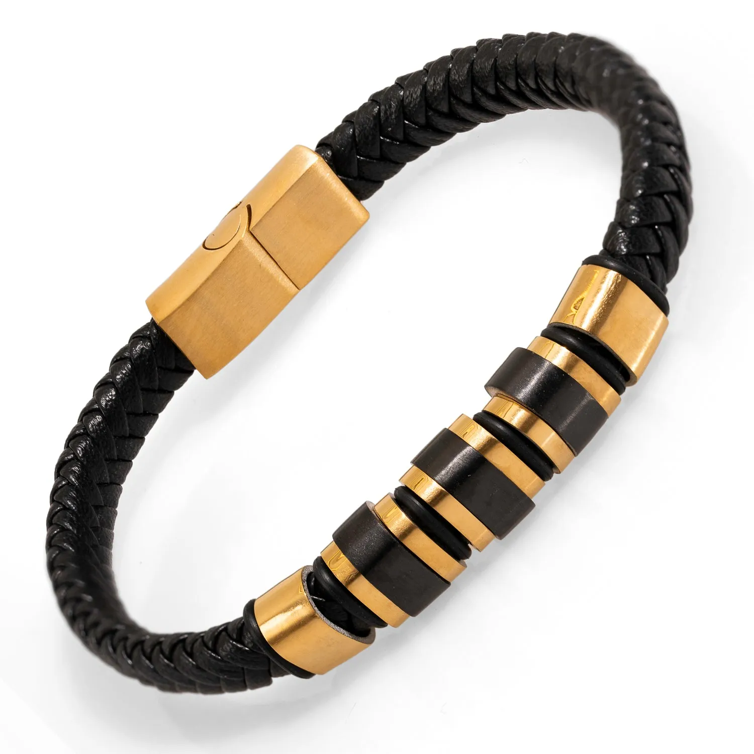 Men's Style Fashion Black Leather & Gold Bracelet
