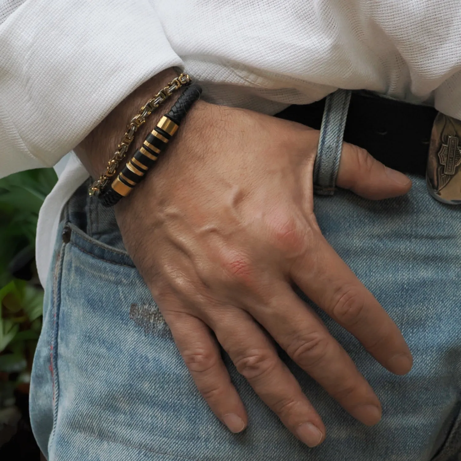 Men's Style Fashion Black Leather & Gold Bracelet