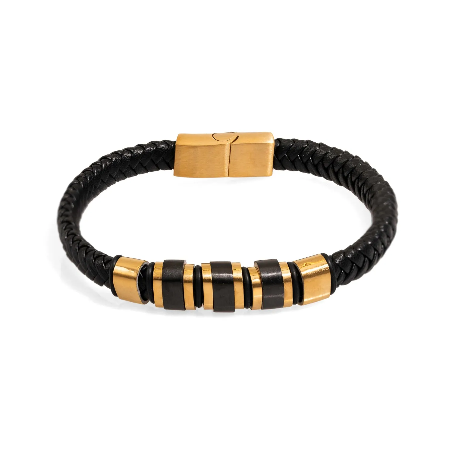 Men's Style Fashion Black Leather & Gold Bracelet