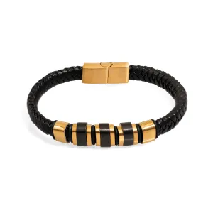 Men's Style Fashion Black Leather & Gold Bracelet