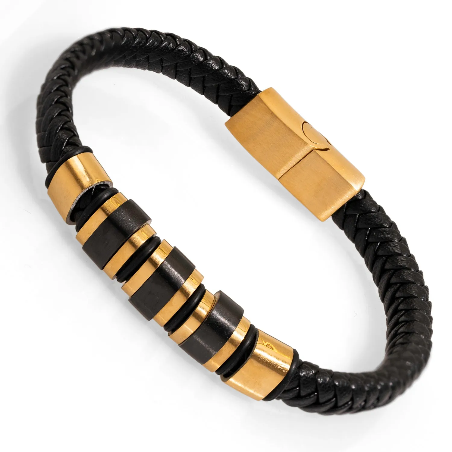 Men's Style Fashion Black Leather & Gold Bracelet