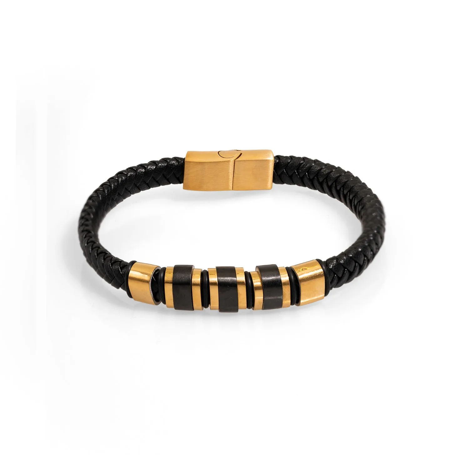 Men's Style Fashion Black Leather & Gold Bracelet