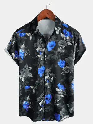 Men's Summer Casual Blue Floral Button Up Short Sleeve Holiday Cool Beach Shirt