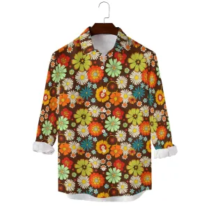 Men's Vintage Colorful Floral Cotton 70s Long Sleeve Button Up Shirt 2408008853