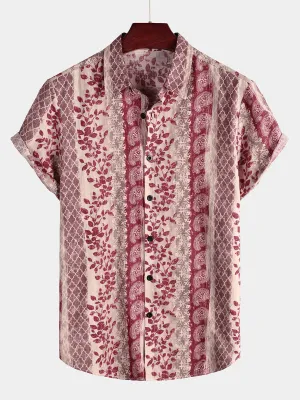 Men's Vintage Floral Paisley Striped Button Up Pink Short Sleeve Shirt