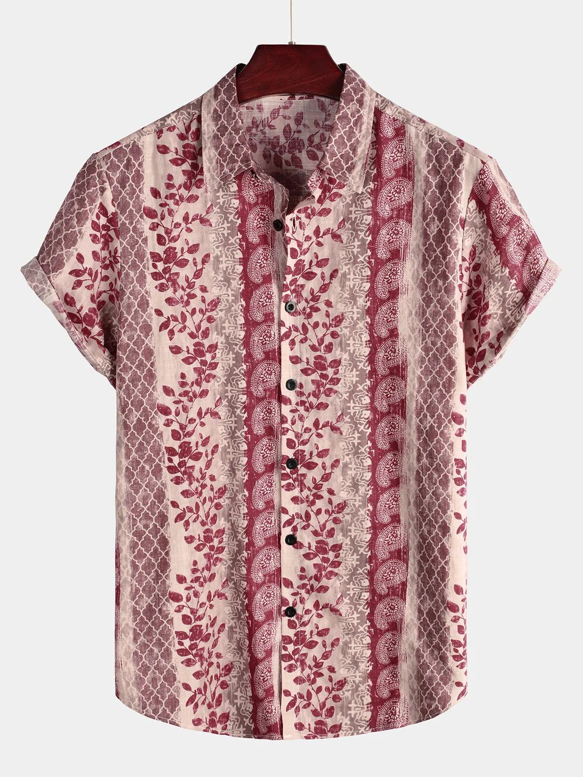 Men's Vintage Floral Paisley Striped Button Up Pink Short Sleeve Shirt