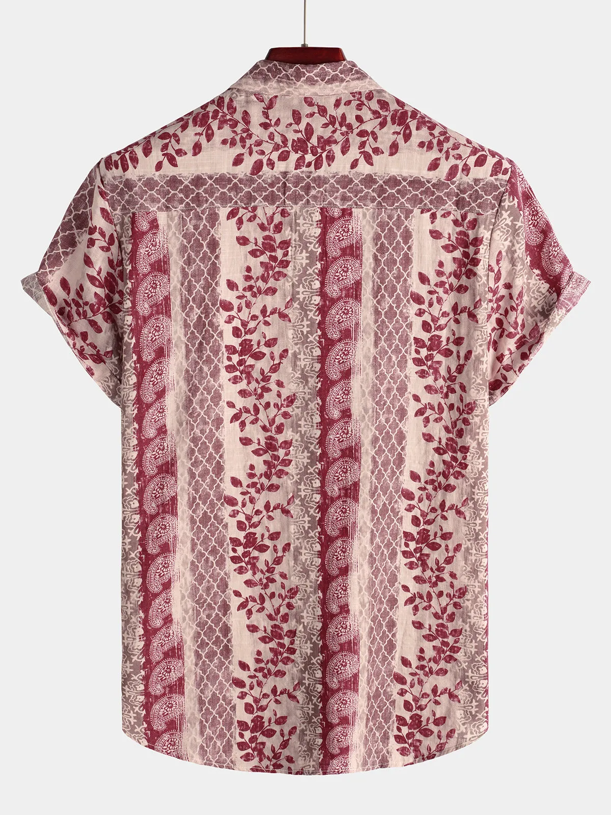 Men's Vintage Floral Paisley Striped Button Up Pink Short Sleeve Shirt