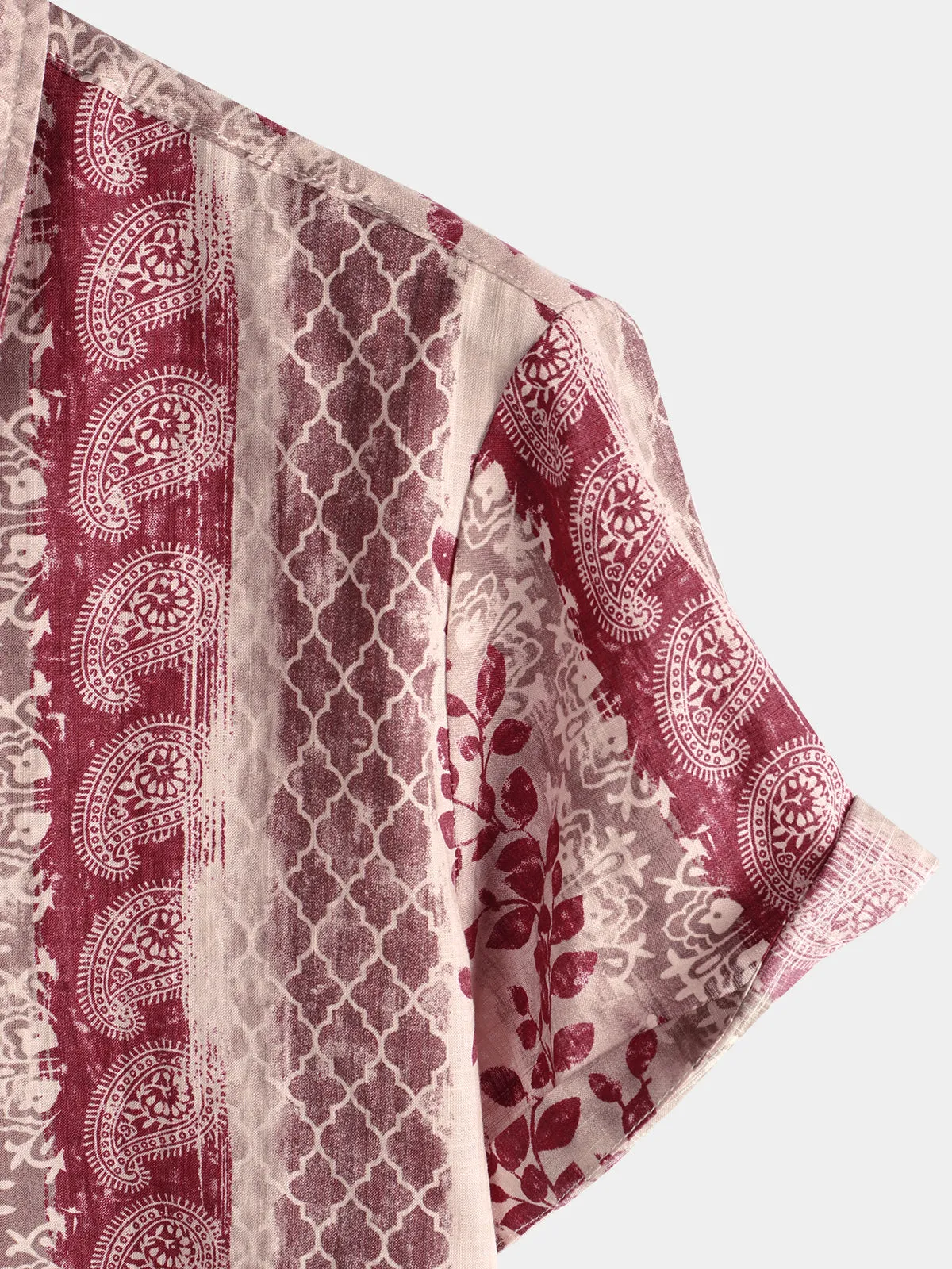 Men's Vintage Floral Paisley Striped Button Up Pink Short Sleeve Shirt
