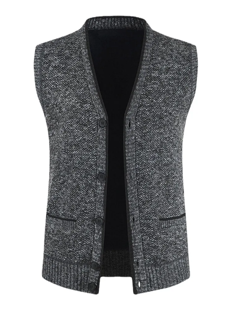 Men's Woolen V-Neck Sleeveless Button-Up Warm Vest with Pocket