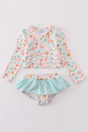 Minty Floral Bloom Print 2pc Girl Long Sleeve Swimsuit