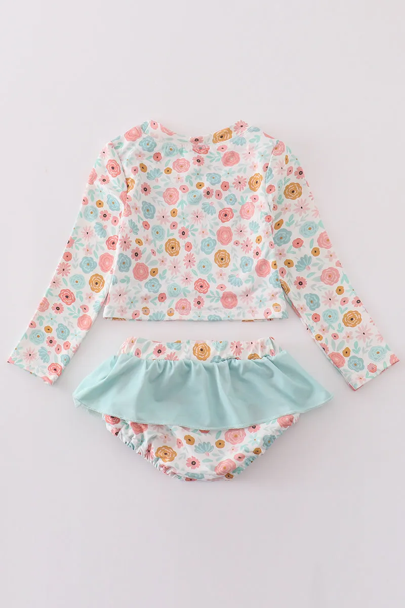 Minty Floral Bloom Print 2pc Girl Long Sleeve Swimsuit