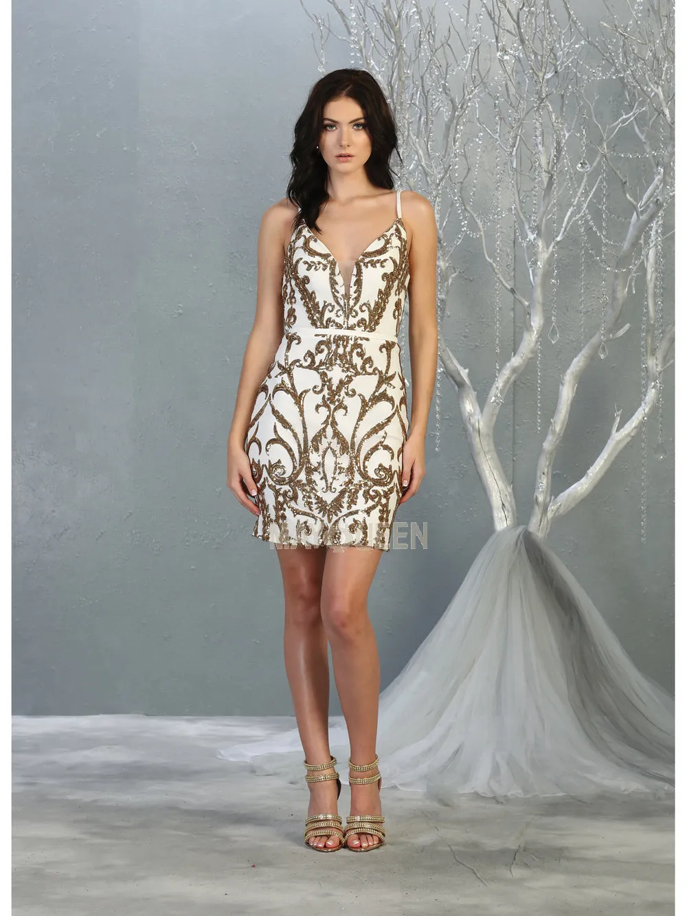 MQ 1829 - Glitter Patterned Short Fitted Homecoming Dress with Plunging V-Neck & Low Open Back