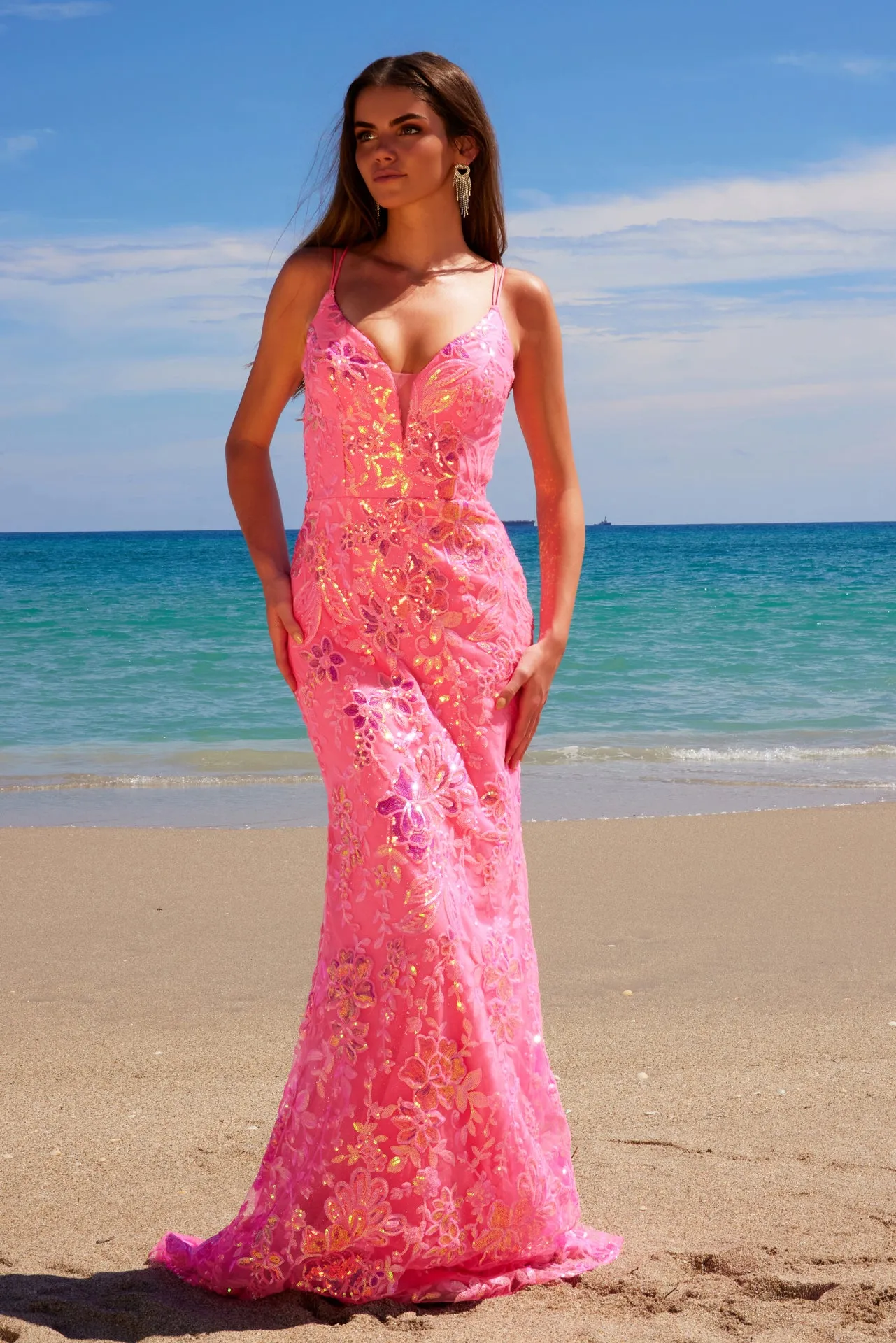 N A1587 - Iridescent Patterned Sequin Fit & Flare Prom Gown with Plunging V-Neck Sheer Under Arms & Lace-Up Back