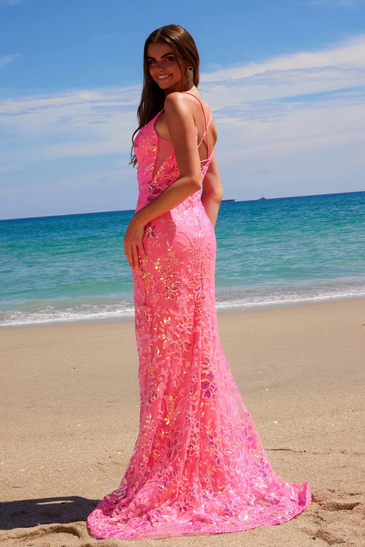 N A1587 - Iridescent Patterned Sequin Fit & Flare Prom Gown with Plunging V-Neck Sheer Under Arms & Lace-Up Back