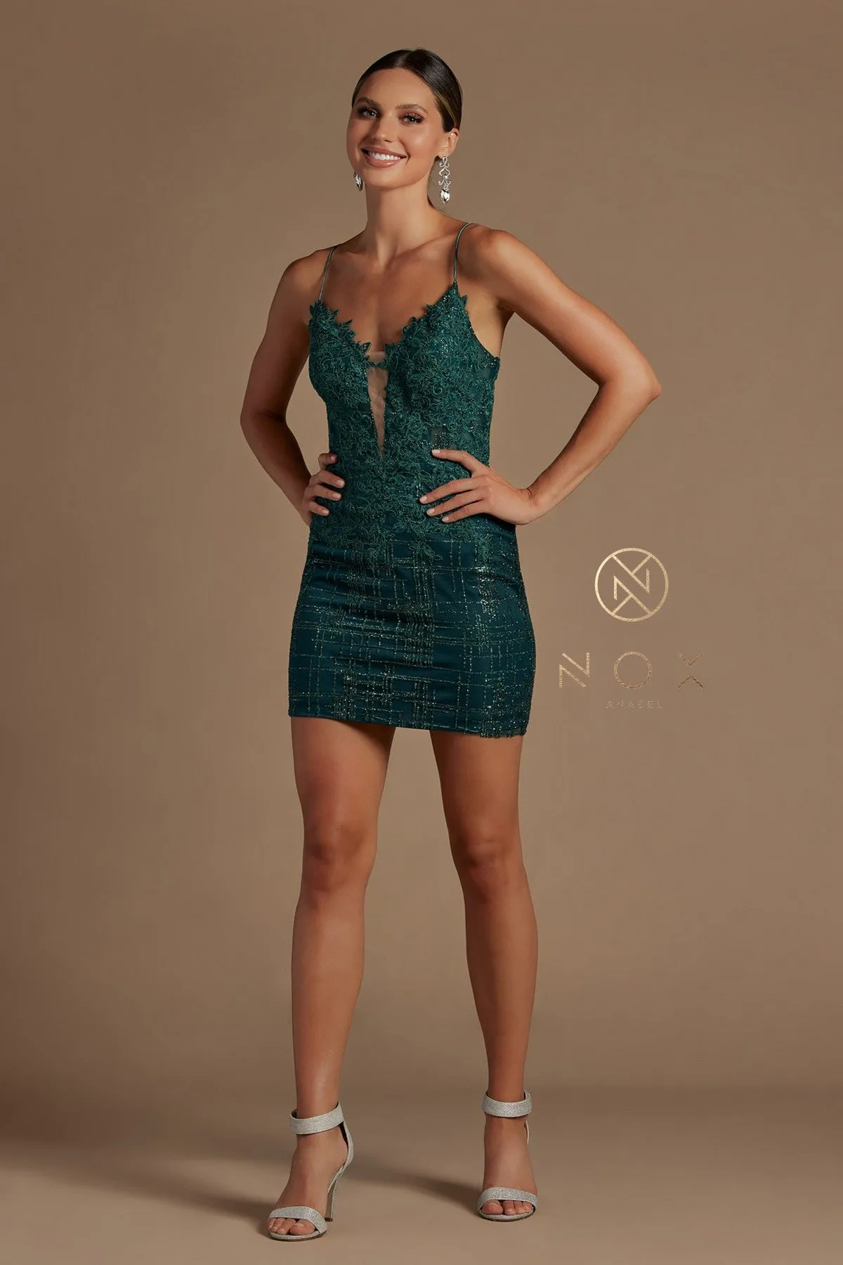 N R700 - Short Fitted Glitter Patterned Homecoming Dress with Lace Applique V-Neck Bodice & Open Lace Up Corset Back