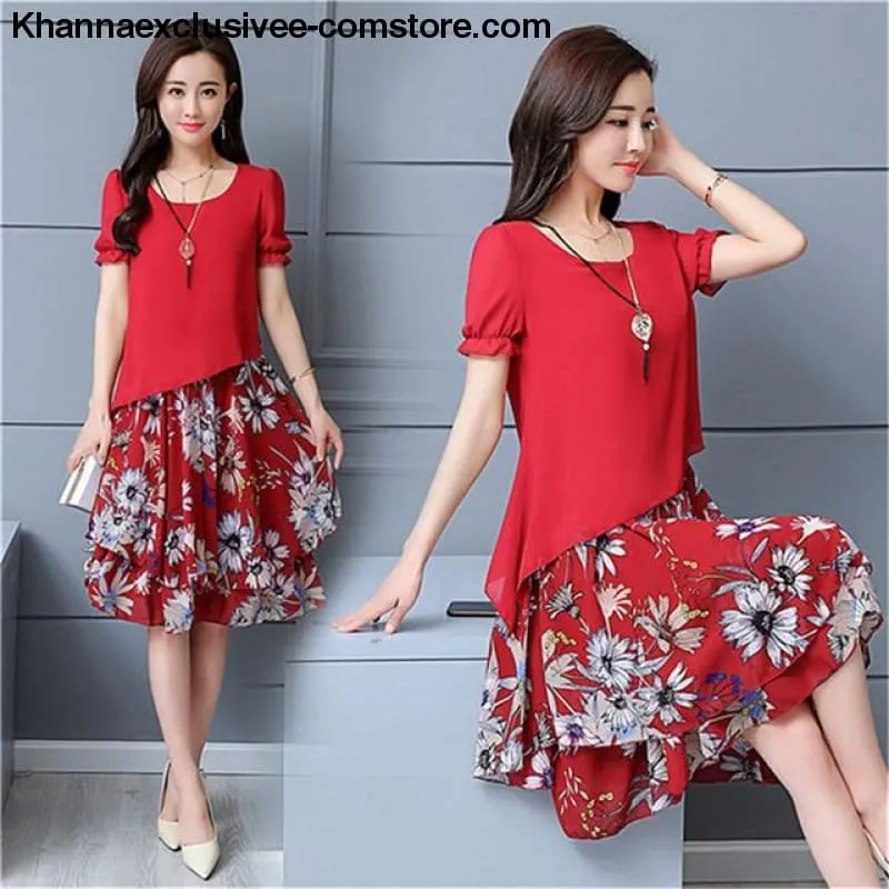 New Women's Chiffon Short Sleeve O-Neck Floral Print Elegant Party Dress Till Plus Size 5XL
