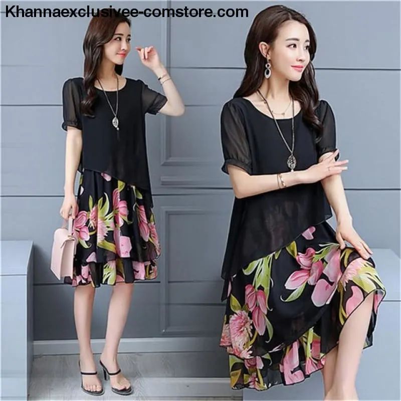 New Women's Chiffon Short Sleeve O-Neck Floral Print Elegant Party Dress Till Plus Size 5XL