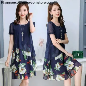New Women's Chiffon Short Sleeve O-Neck Floral Print Elegant Party Dress Till Plus Size 5XL