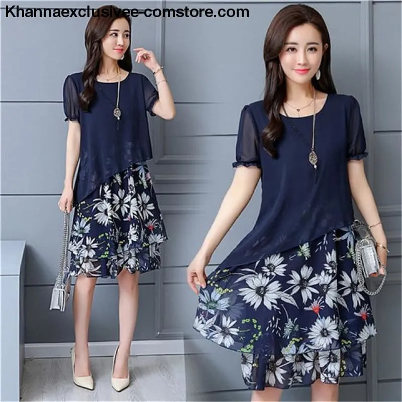 New Women's Chiffon Short Sleeve O-Neck Floral Print Elegant Party Dress Till Plus Size 5XL