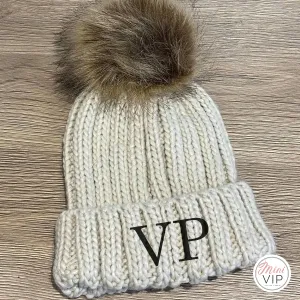 Oatmeal Embroidered Faux Fur Pom Pom Beanie Hat - Infants, Junior & Adult sizes
