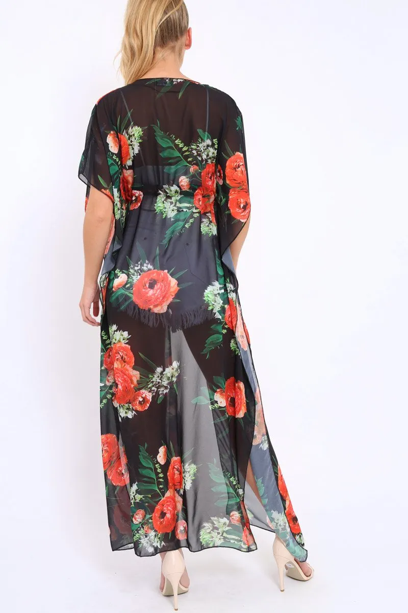 Orange Floral Print Long Kimono - Vonda