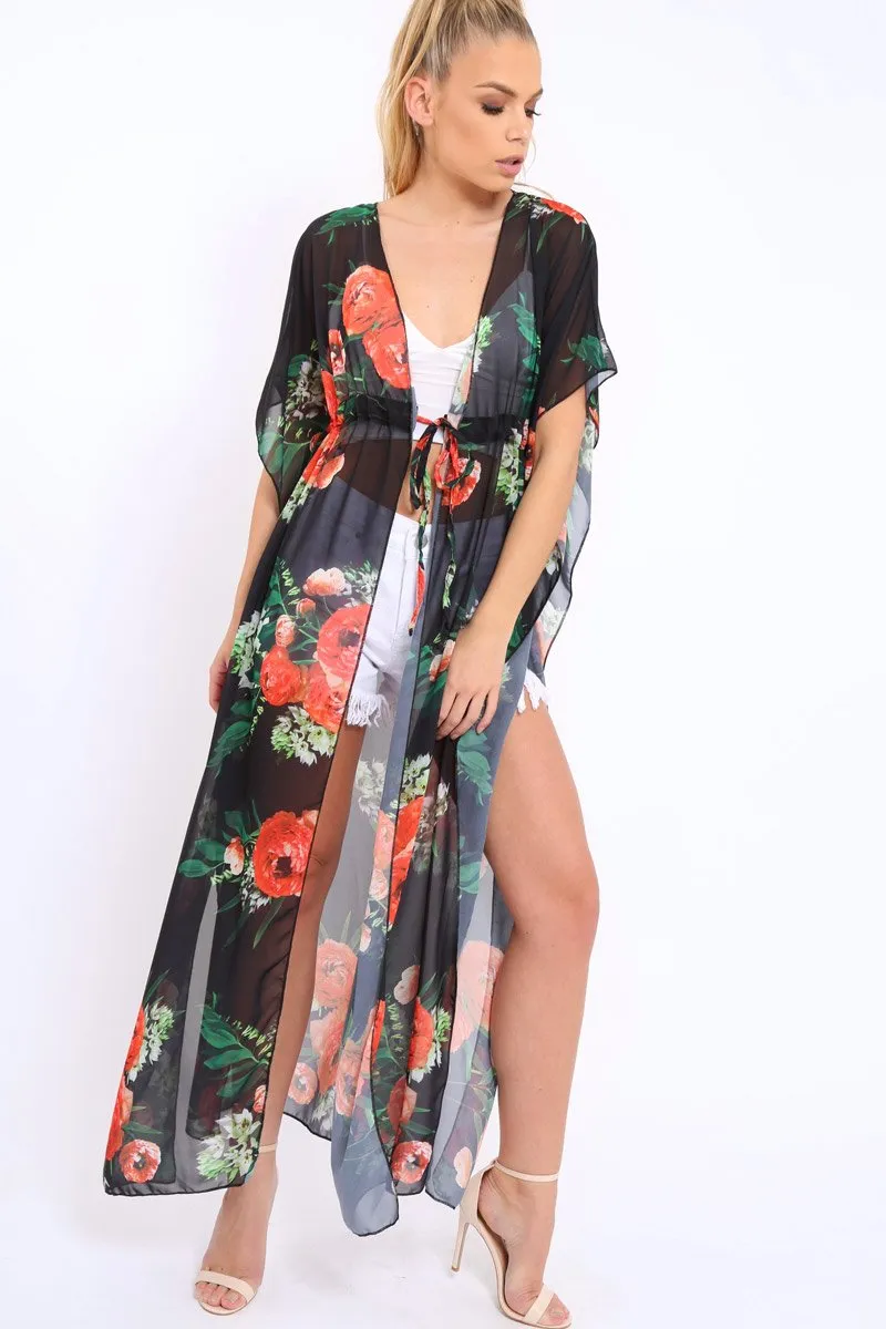 Orange Floral Print Long Kimono - Vonda