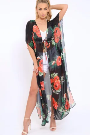Orange Floral Print Long Kimono - Vonda
