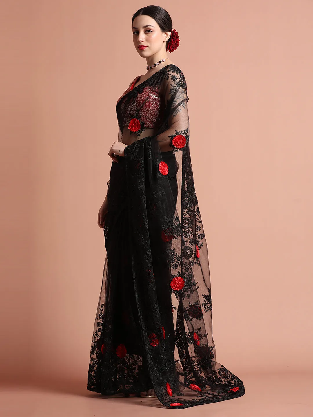 Party Wear Floral Black Embroidered Net Saree