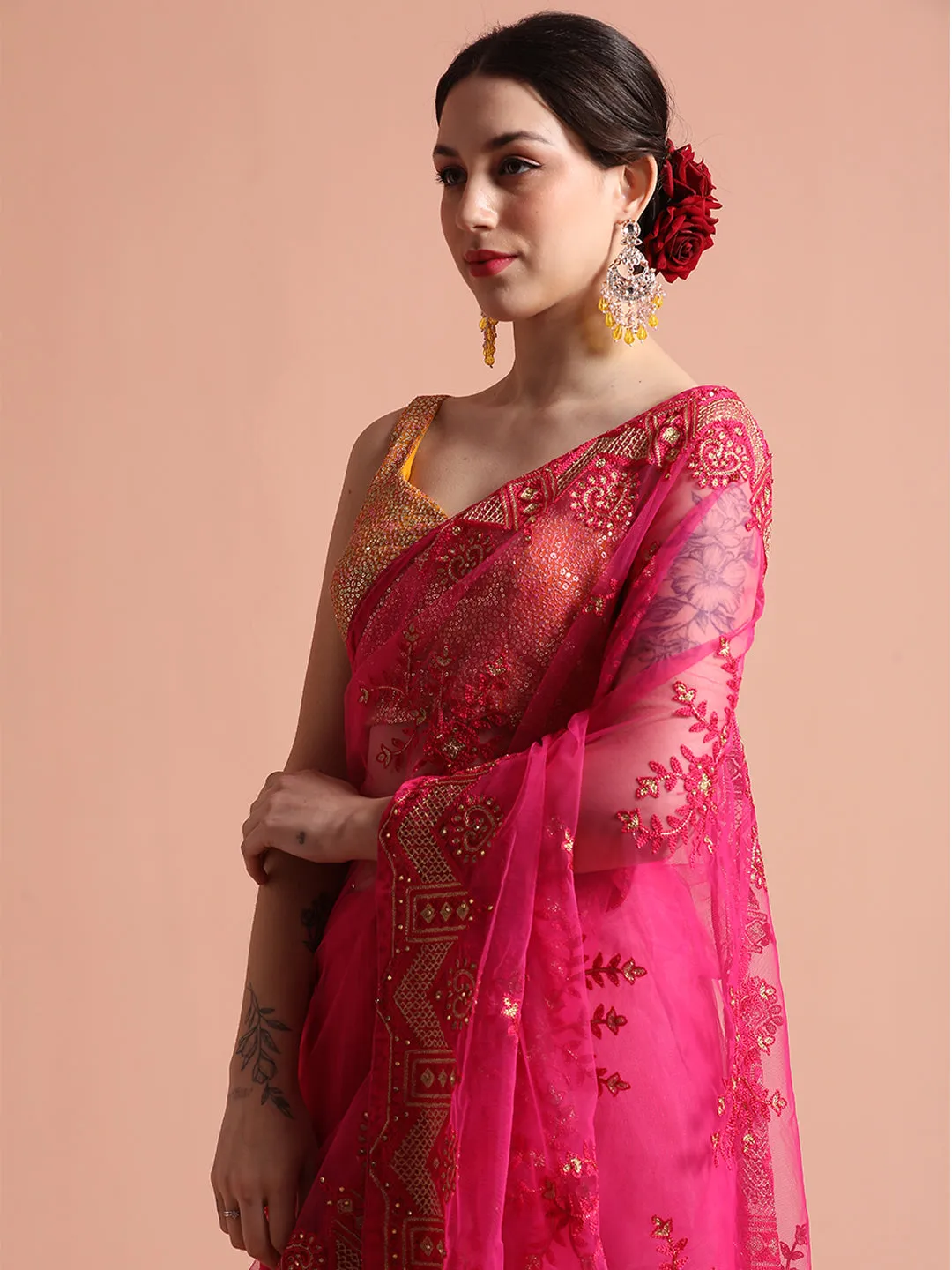 Pink Floral Embroidered Net Party Wear Saree