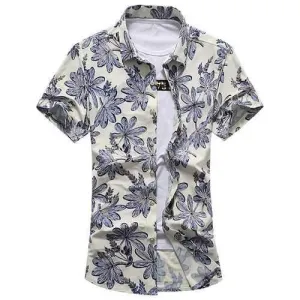 Plus Size Outdoor Beach Seaside Flowers Printing Loose Soft Short Sleeve Dress Shirts for Men