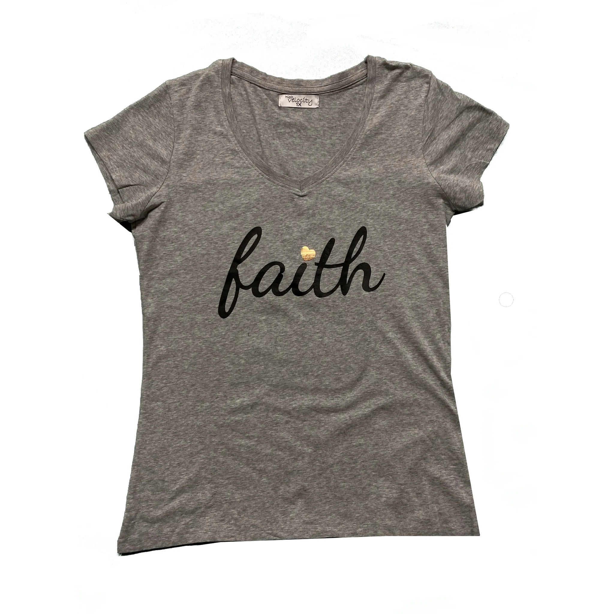 Plus V neck Short Sleeves foil Graphic T-Shirt-Faith heart