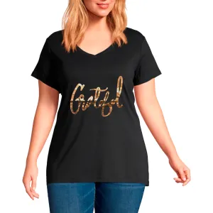 Plus V neck Short Sleeves foil Graphic T-Shirt-Grateful