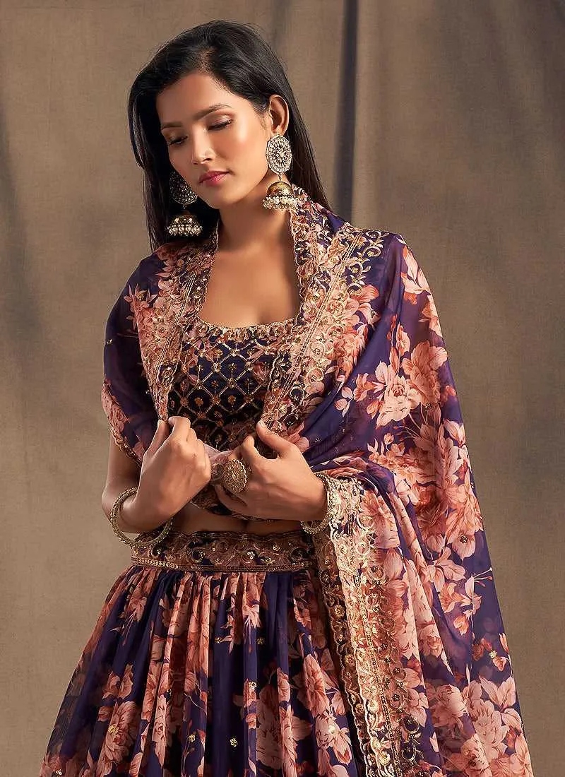 Purple Floral Printed Stylish Embroidered Lehenga Choli