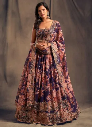 Purple Floral Printed Stylish Embroidered Lehenga Choli