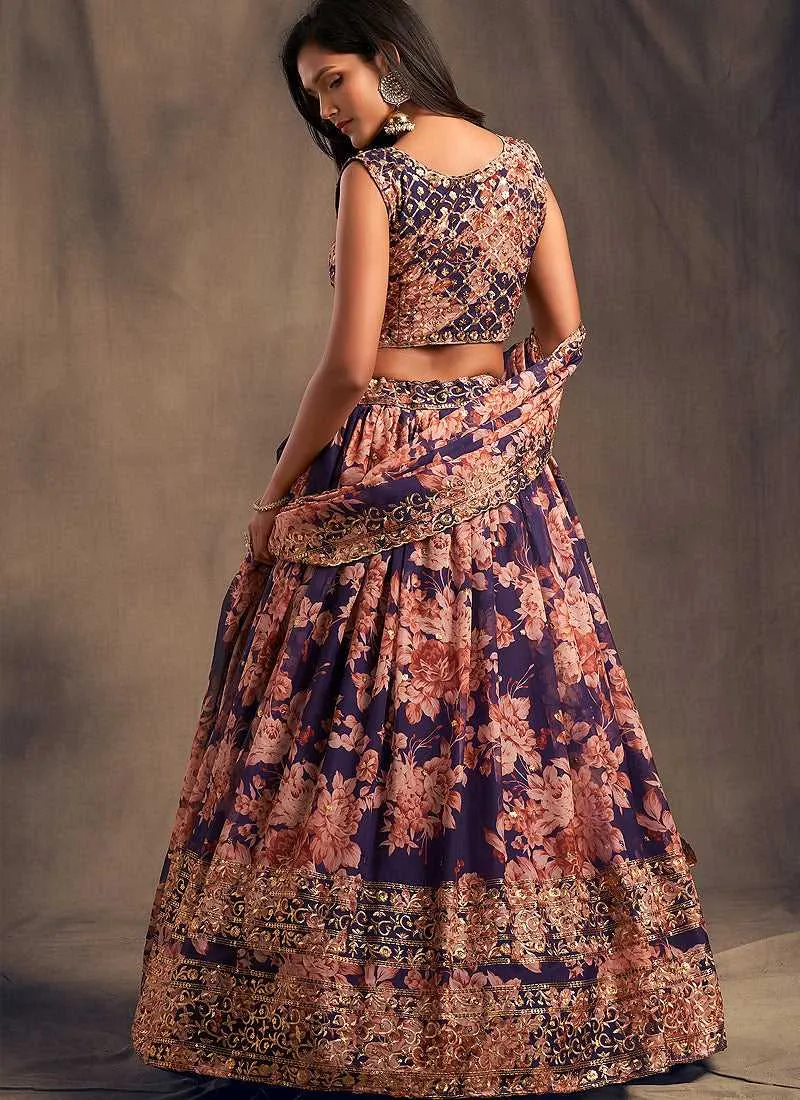 Purple Floral Printed Stylish Embroidered Lehenga Choli