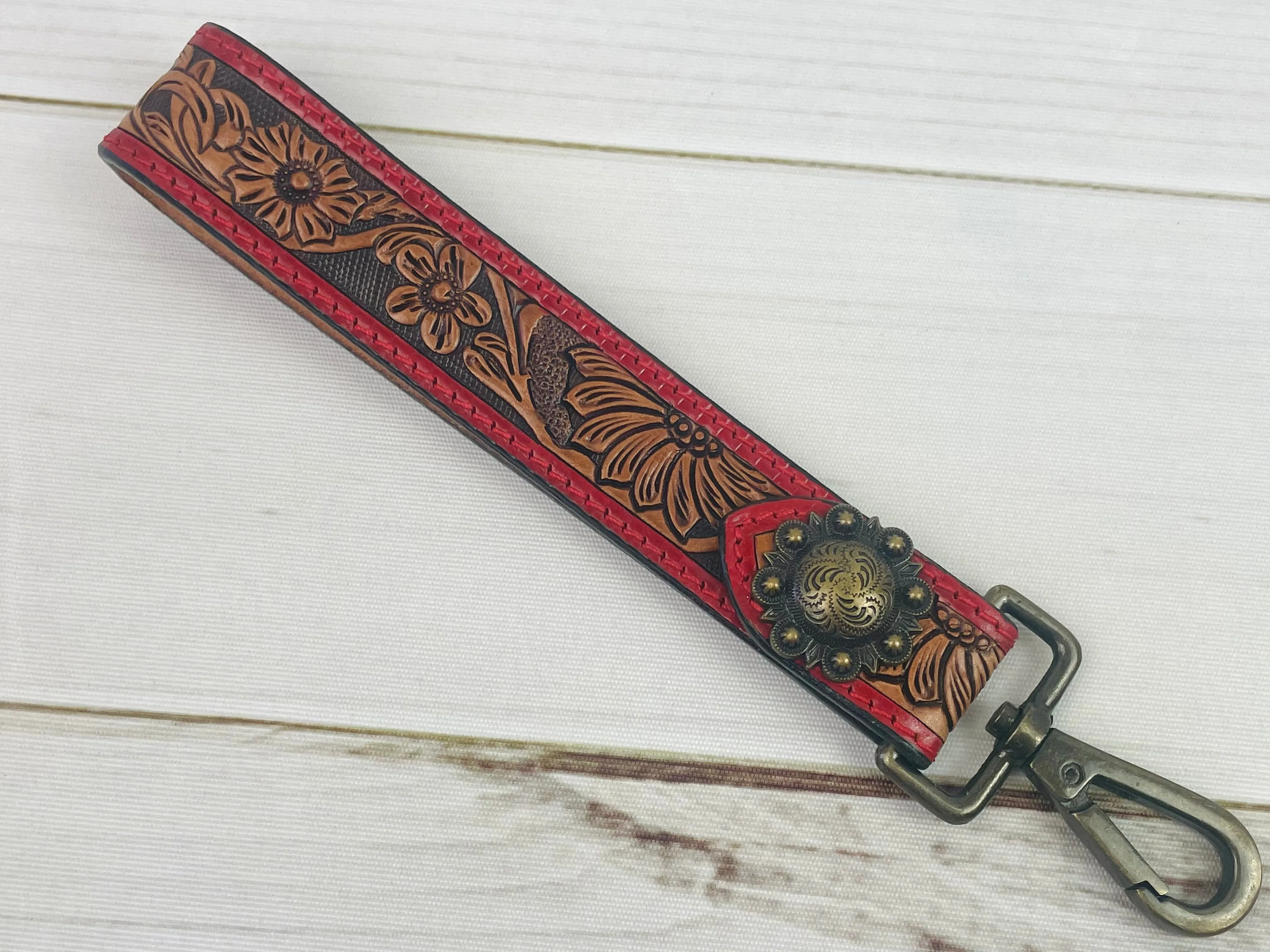 Red Border Floral Tooled Wristlet Leather Keychain