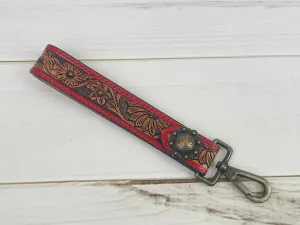 Red Border Floral Tooled Wristlet Leather Keychain