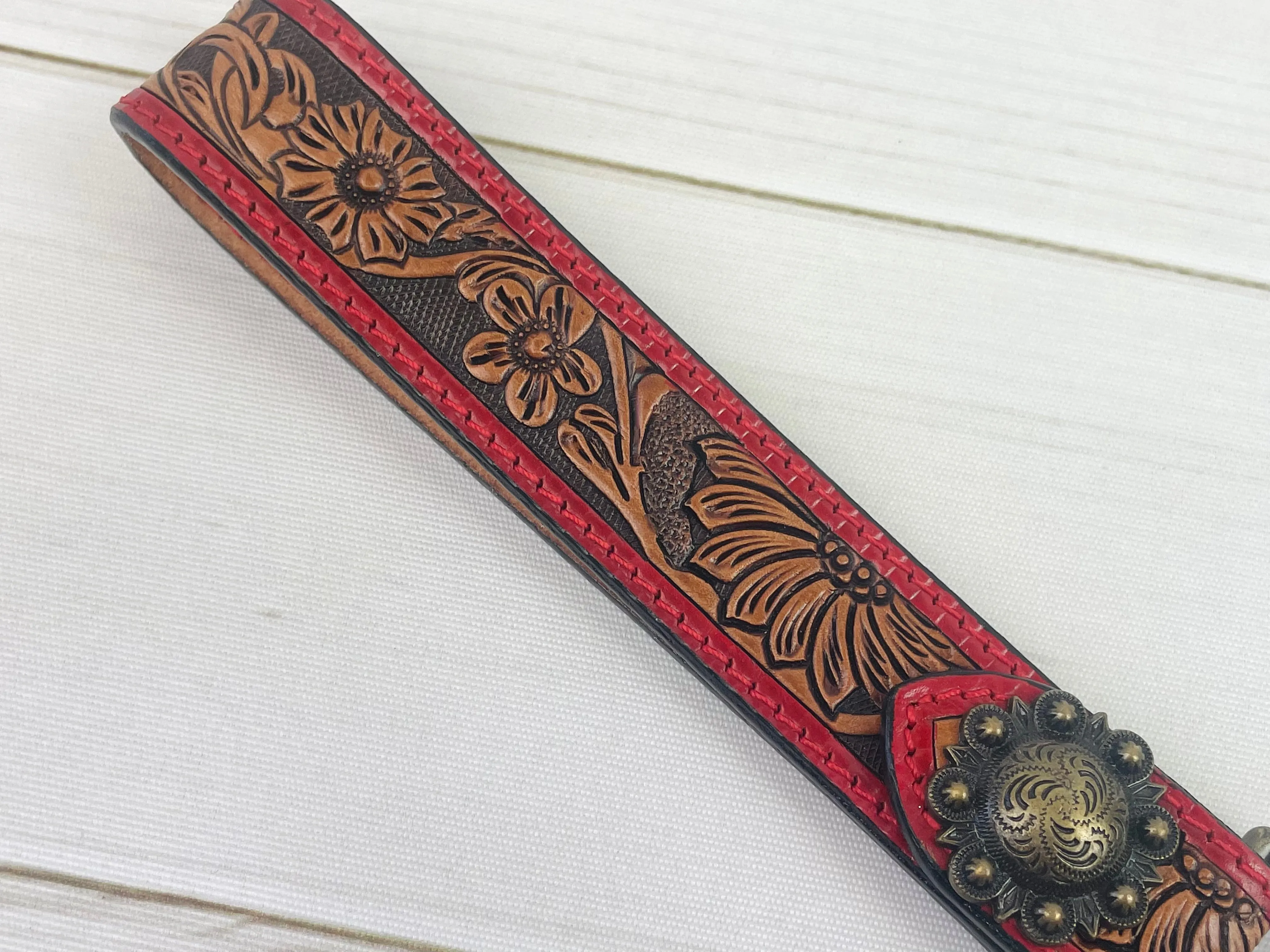 Red Border Floral Tooled Wristlet Leather Keychain