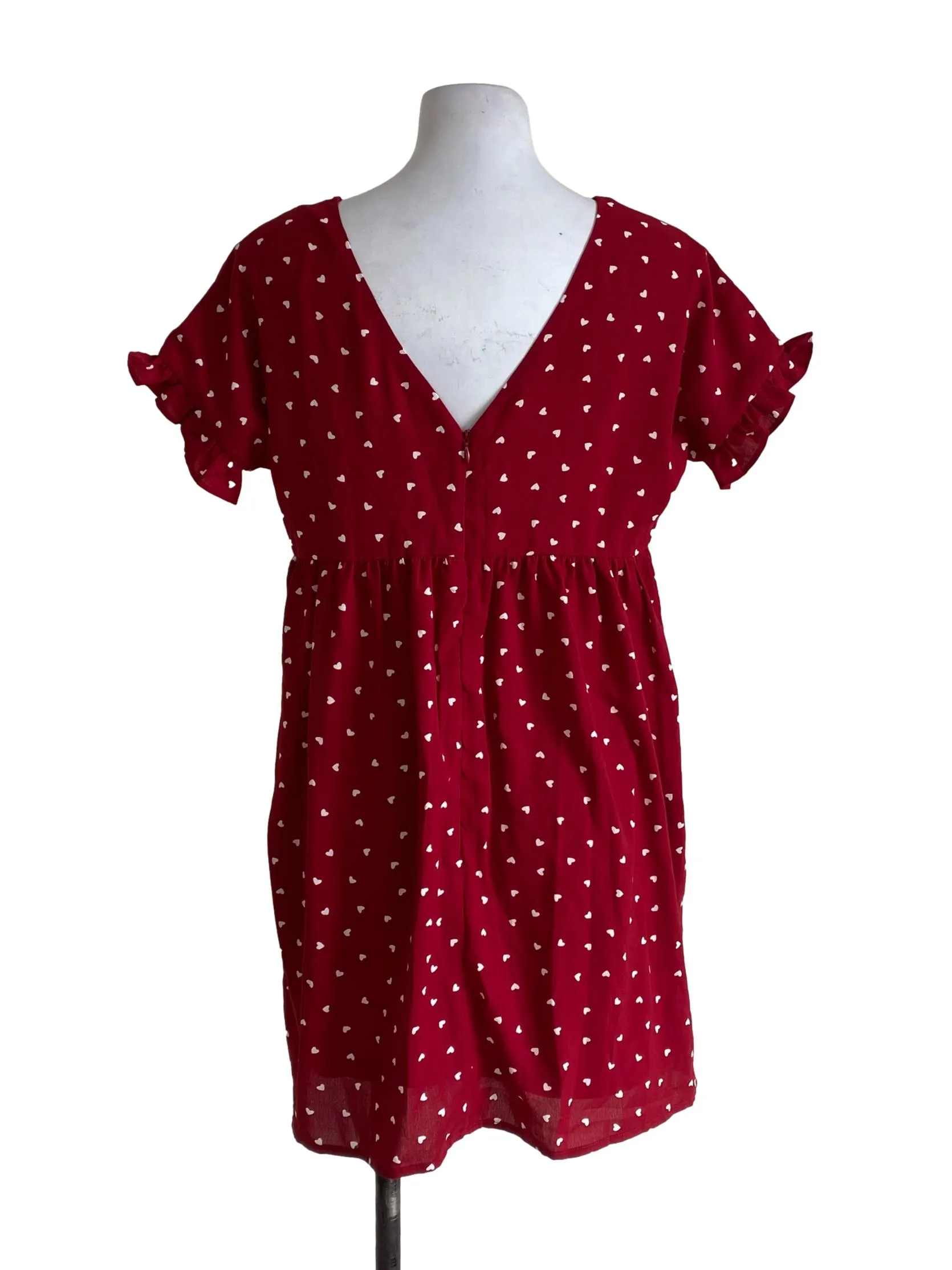 Red Heart Patterned Blouson Dress