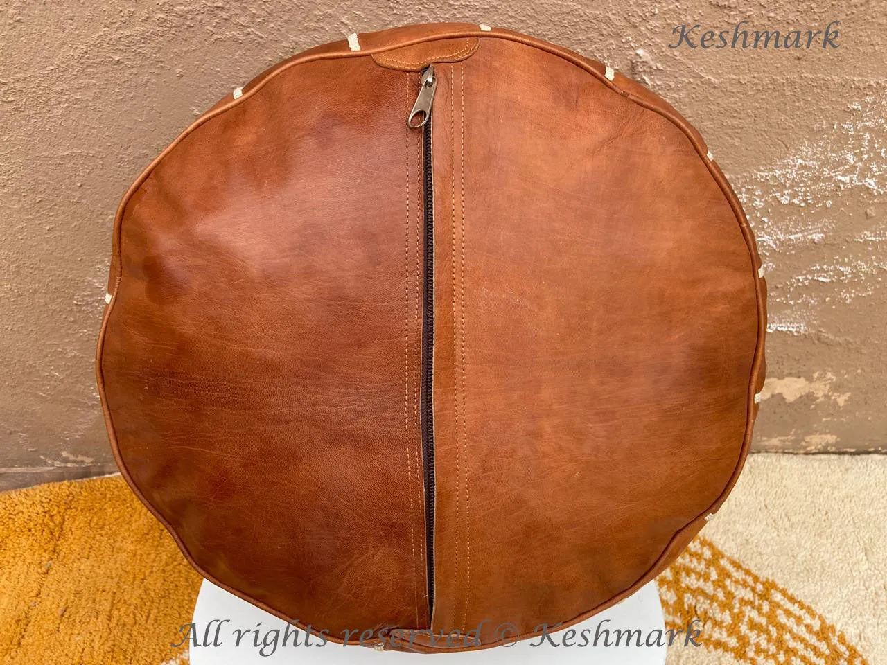 Round Light Tan Leather Pouf