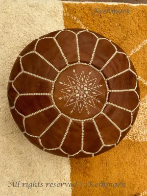 Round Light Tan Leather Pouf