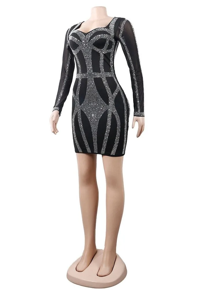 Sexy Rhinestone Sheer Mesh Bodycon Dress