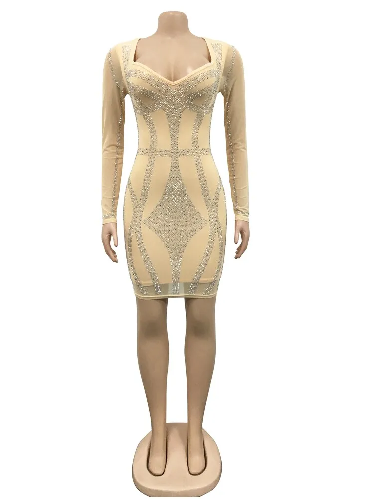 Sexy Rhinestone Sheer Mesh Bodycon Dress