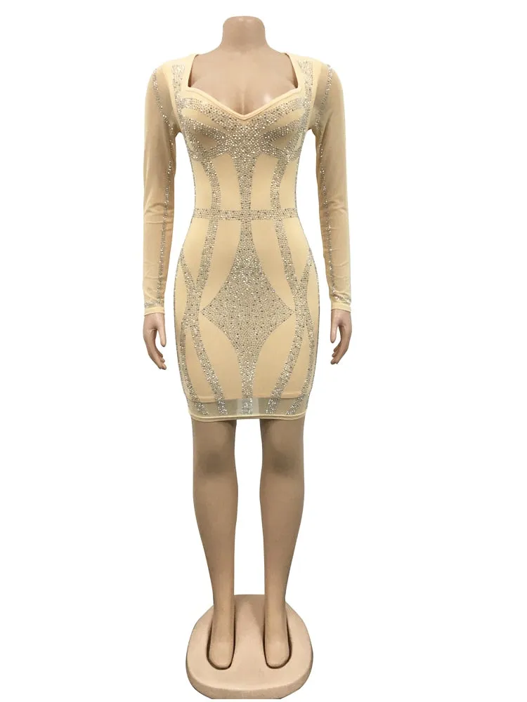 Sexy Rhinestone Sheer Mesh Bodycon Dress