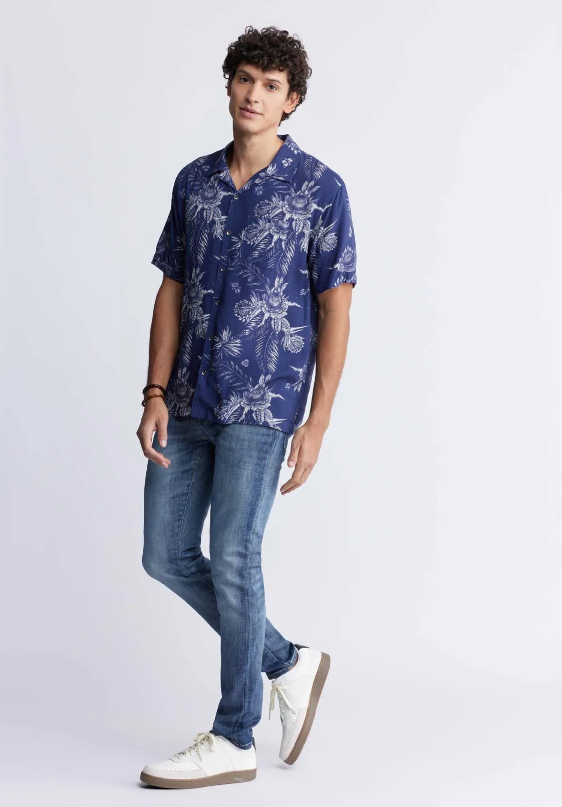 Sidney Men's Short Sleeve Printed Shirt in Blue Depths - BM24287