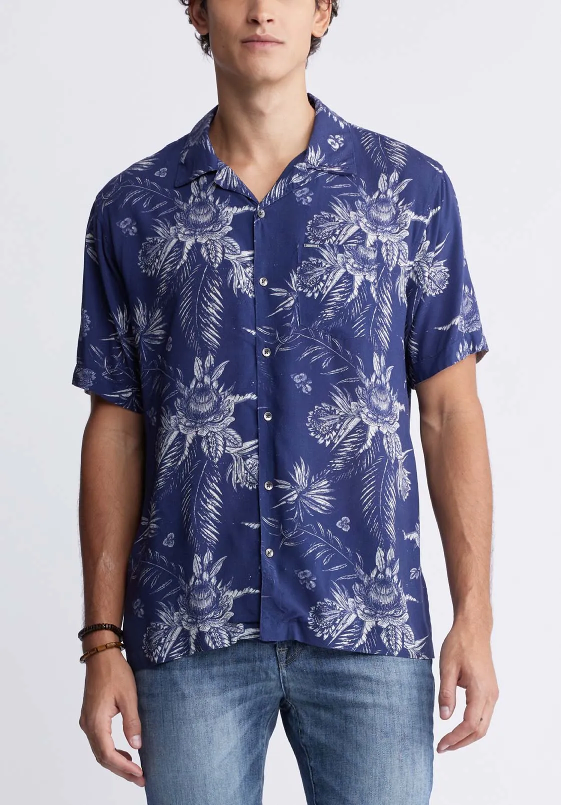Sidney Men's Short Sleeve Printed Shirt in Blue Depths - BM24287