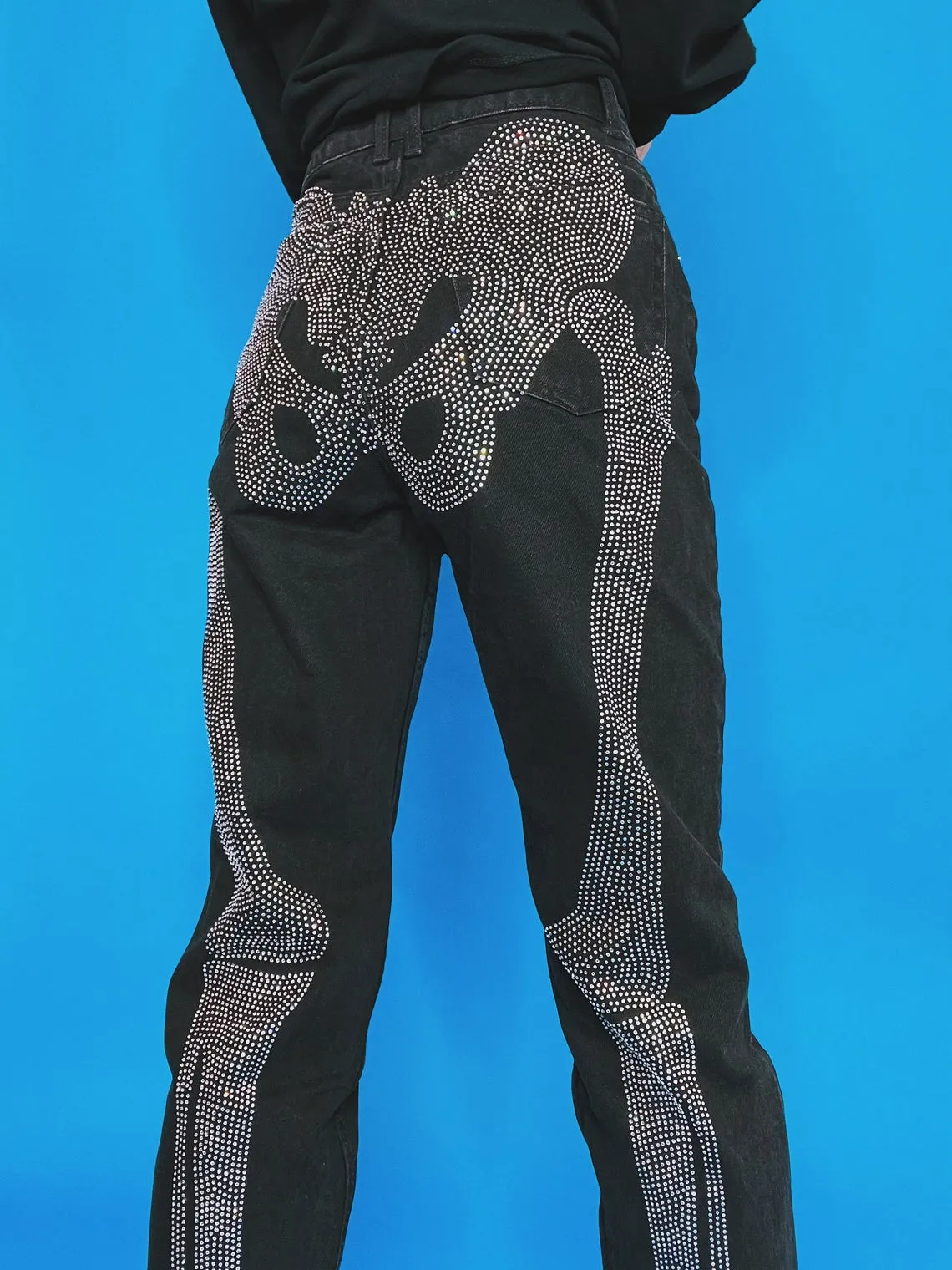 Skeleton Rhinestone Black Jeans, Men's